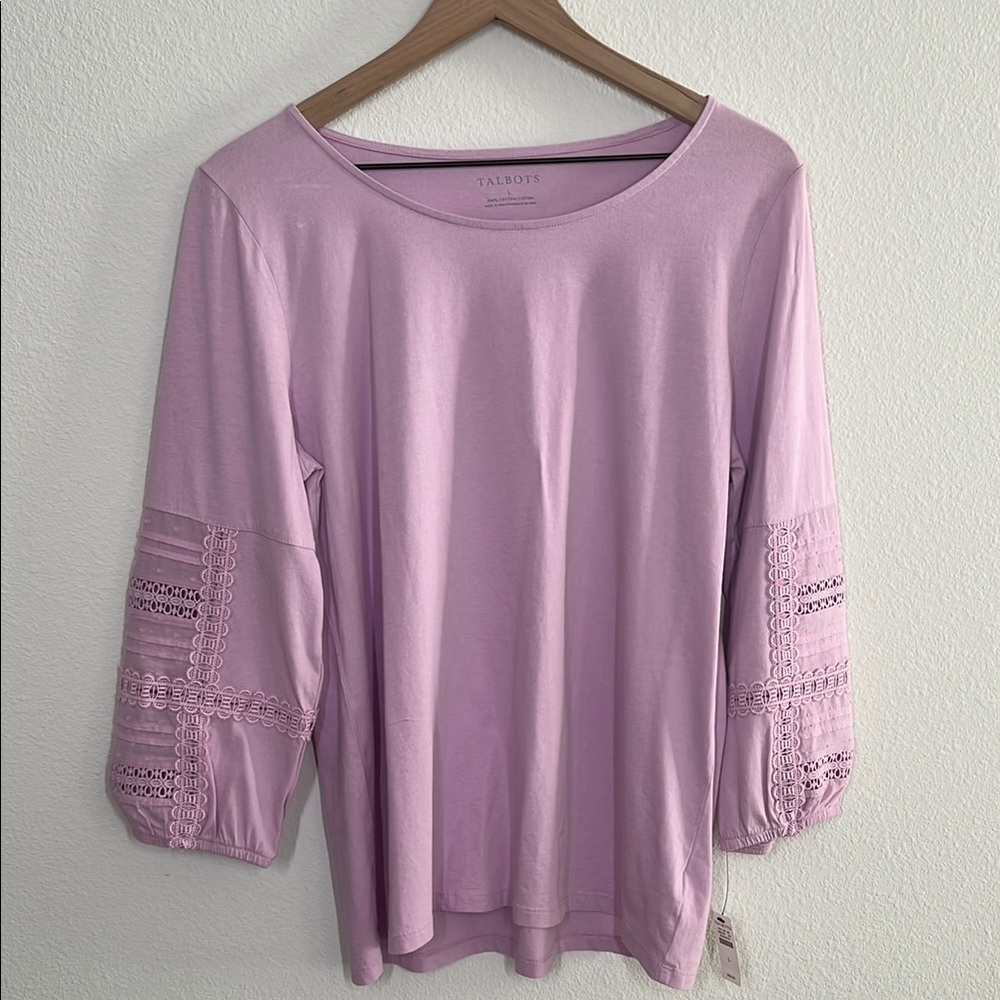 Talbots Cotton Spring Lace Trim Sleeve Top NWT Size Large